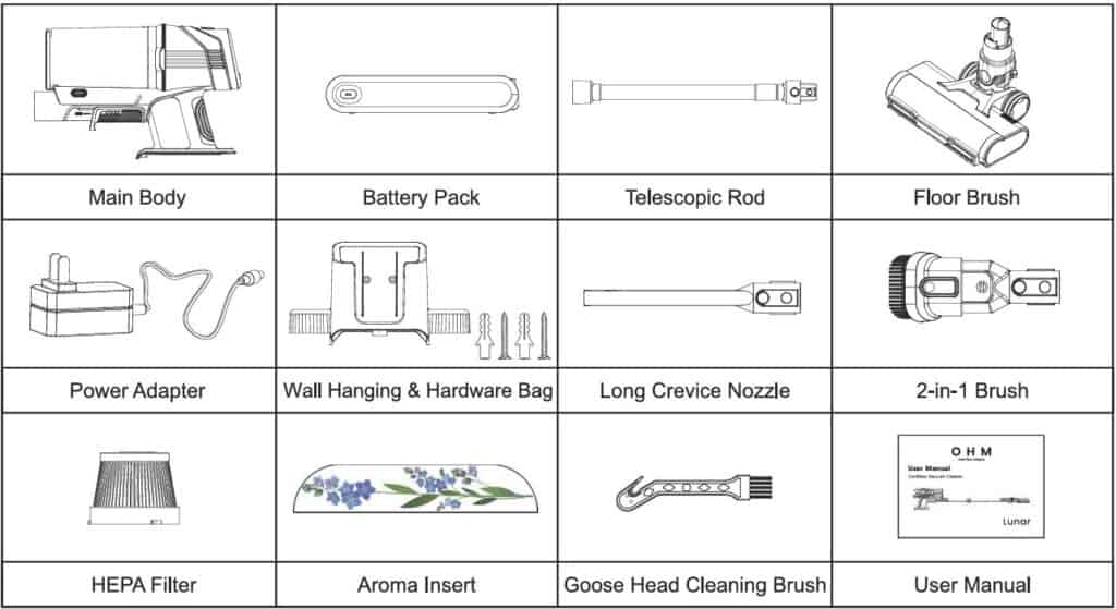 OHM cordless vacuum cleaner with multiple attachments for versatile cleaning.