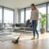 Woman using MY OHM Luna cordless vacuum cleaner on wooden floor.