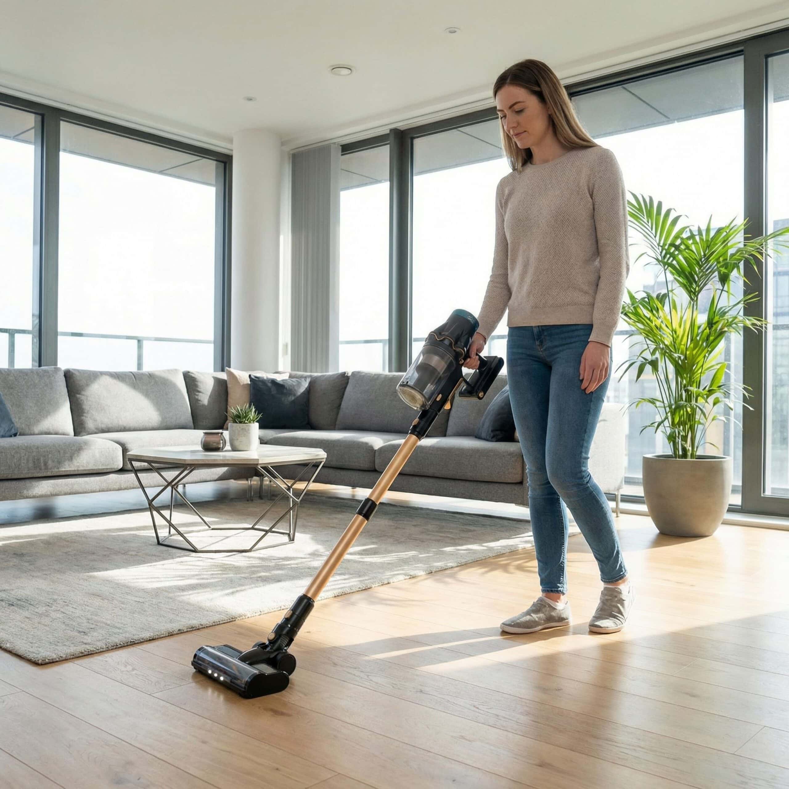 Woman using MY OHM Luna cordless vacuum cleaner on wooden floor.