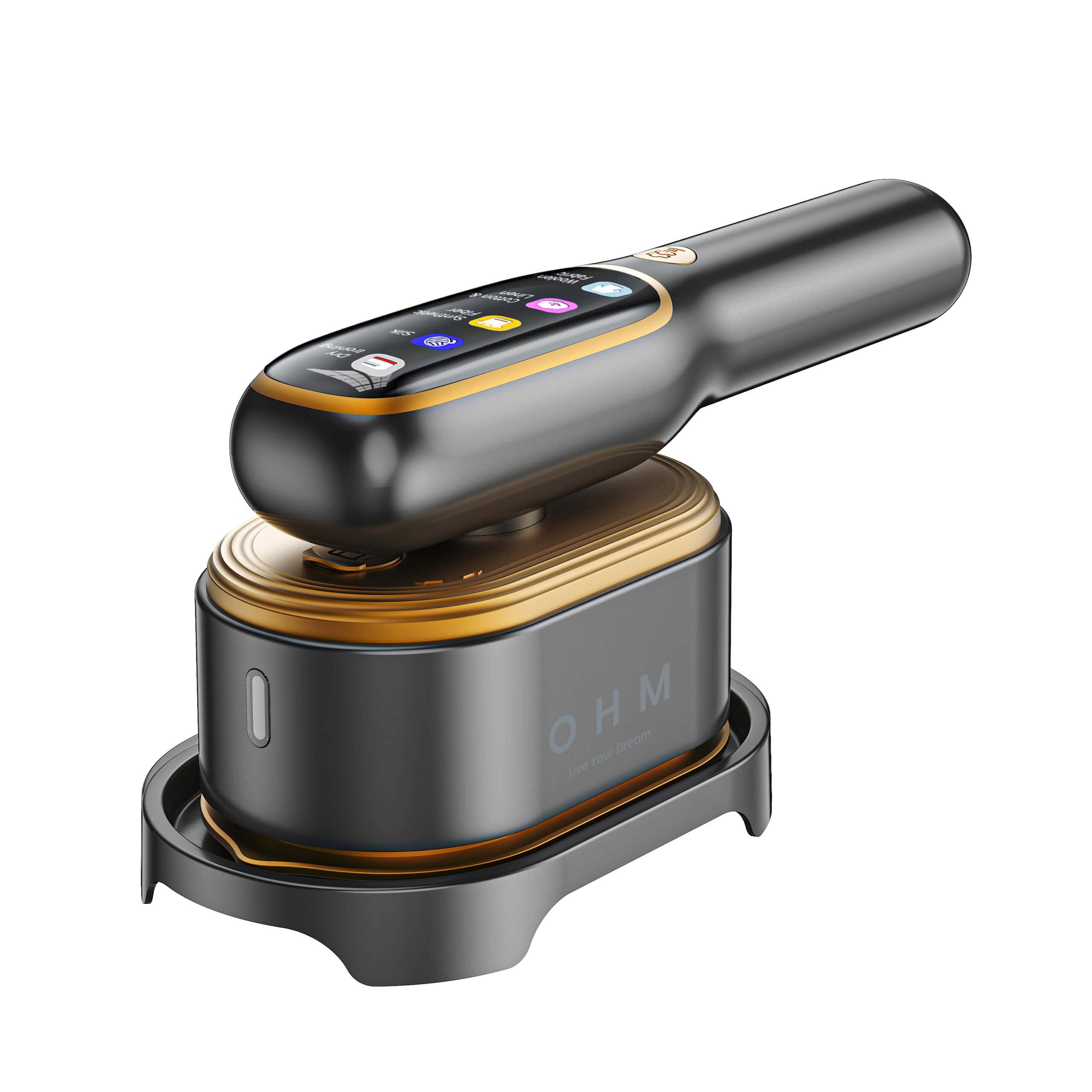 Wireless handheld electric massager with digital controls and charging dock.