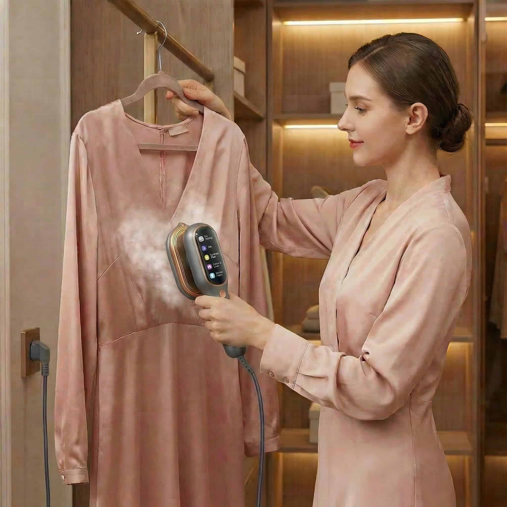 Silk dress being steamed with a professional garment steamer in a boutique setting.