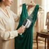 Elegant green dress being steamed with a handheld garment steamer.