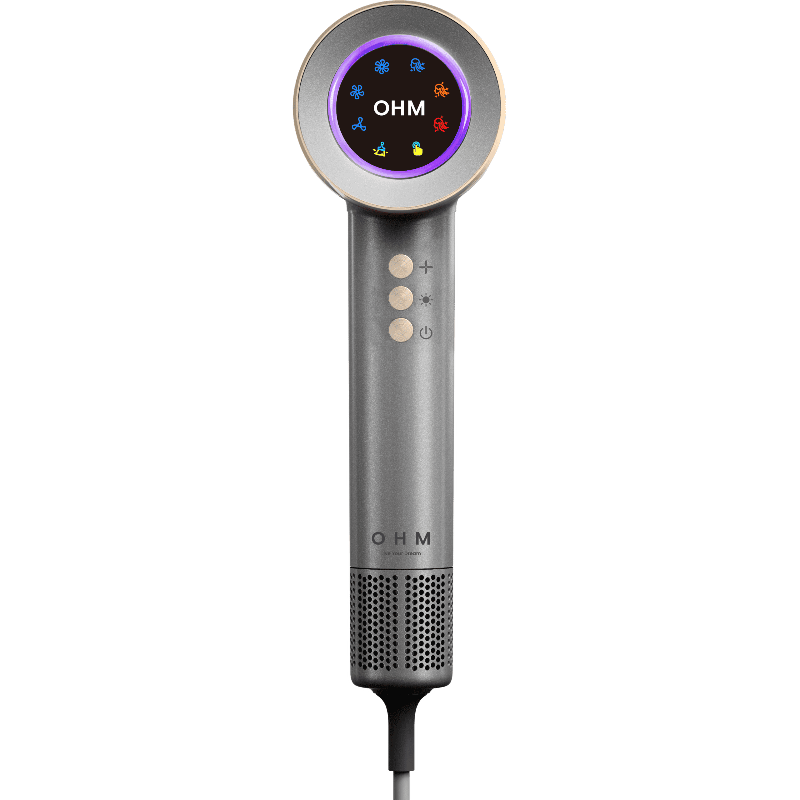 Modern My OHM Ultra+ hair dryer showcasing adjustable temperature settings and sleek design.