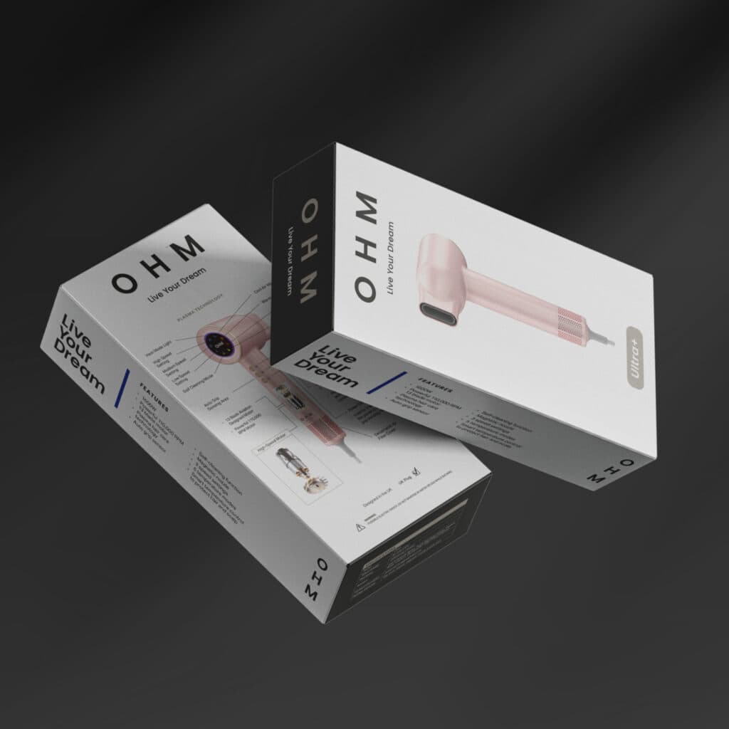 High-quality image of MY OHM Ultra+ hair dryer showcasing its sleek design and multiple temperature.