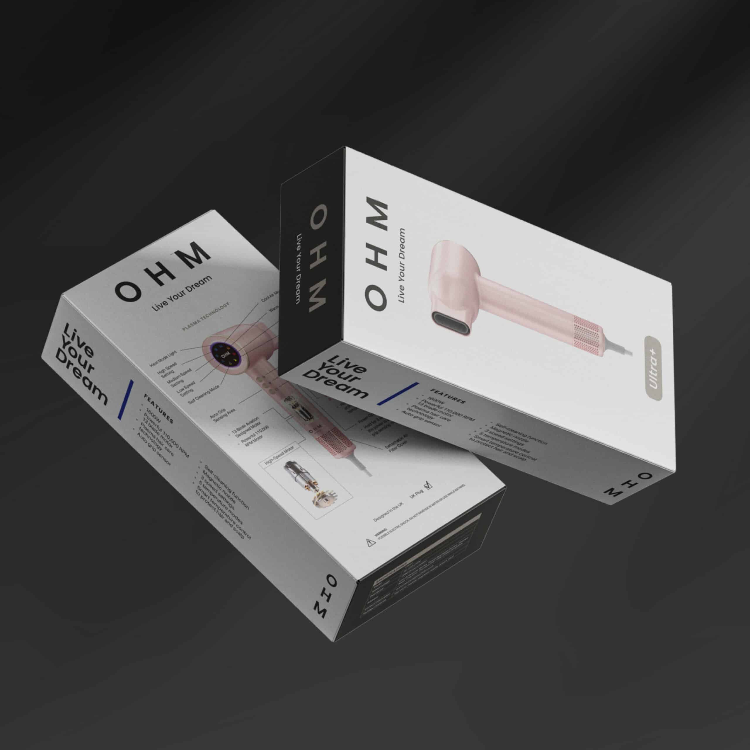 High-quality image of MY OHM Ultra+ hair dryer showcasing its sleek design and multiple temperature.