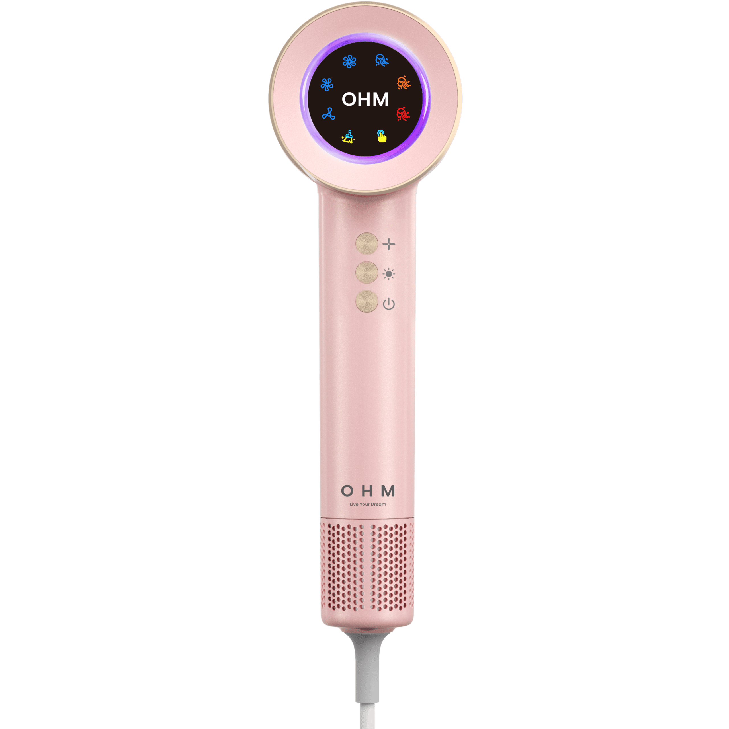 Pink My OHM Ultra+ hair dryer with digital temperature settings and LED display.